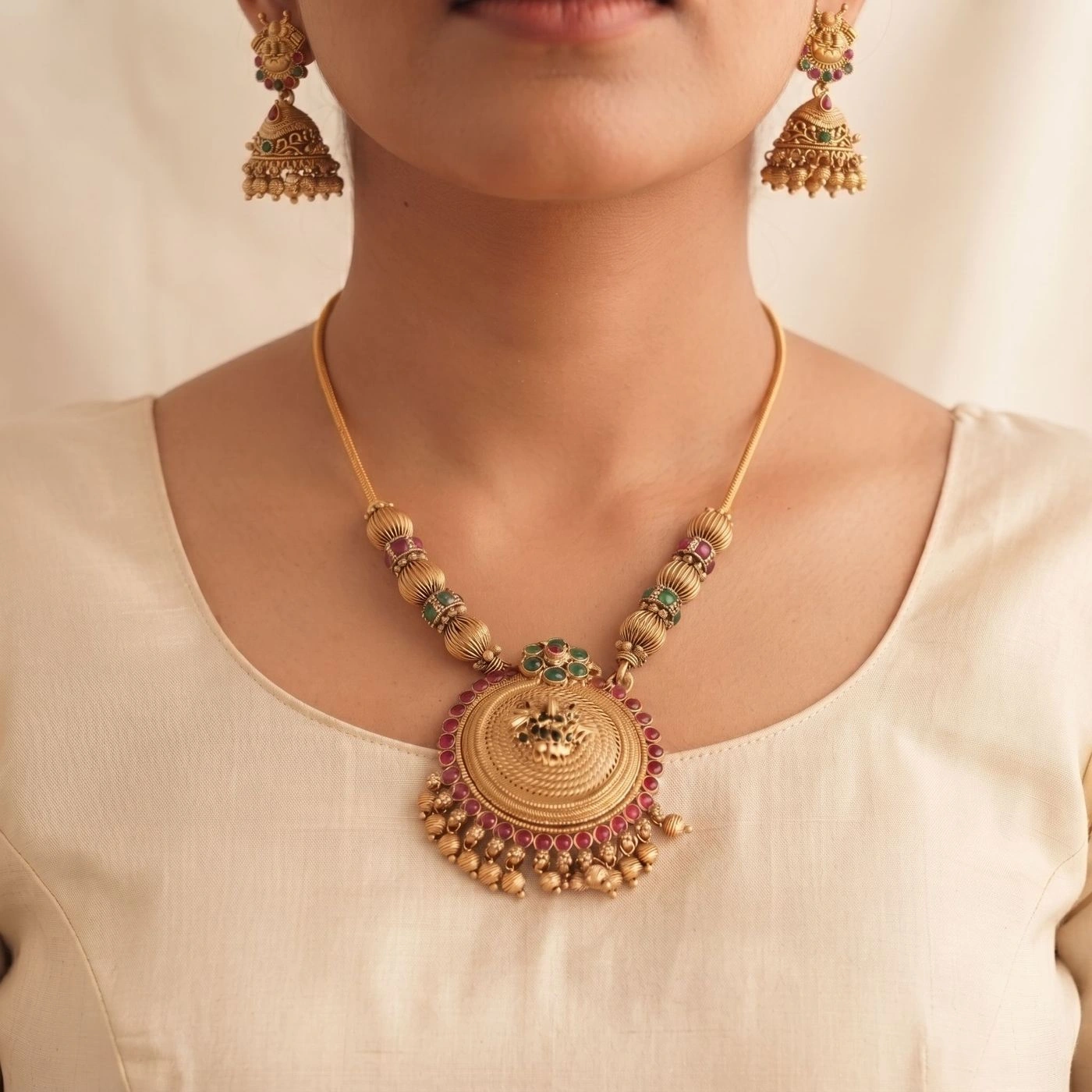 Ahalya Kemp Temple Jewellery Set with Necklace and Earring 2
