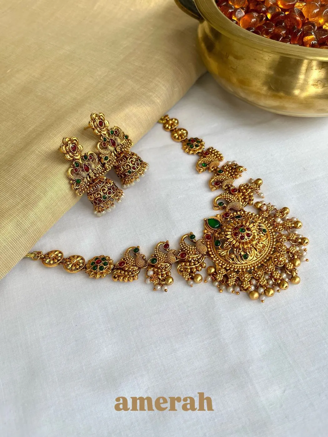 Peacock Antique Temple Jewellery Set with Necklace and Earring 1