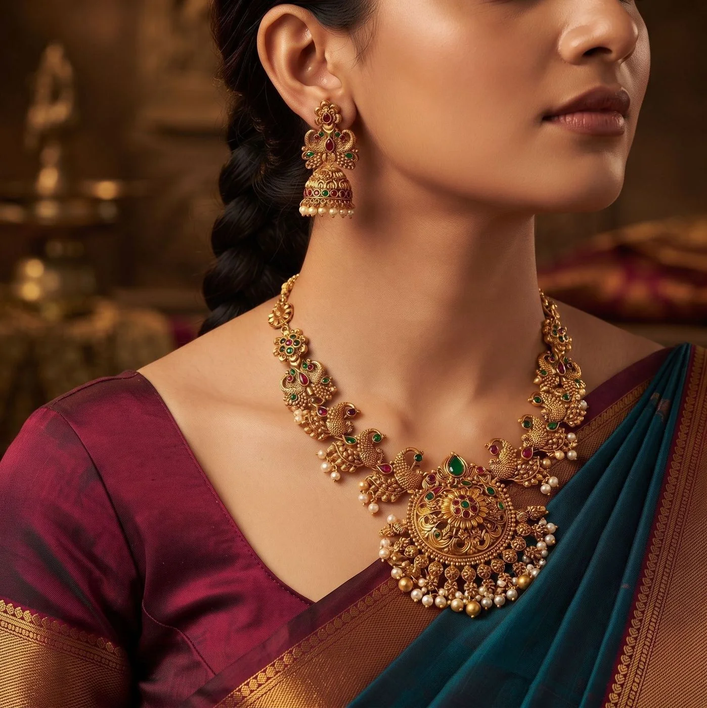 Peacock Antique Temple Jewellery Set with Necklace and Earring 2