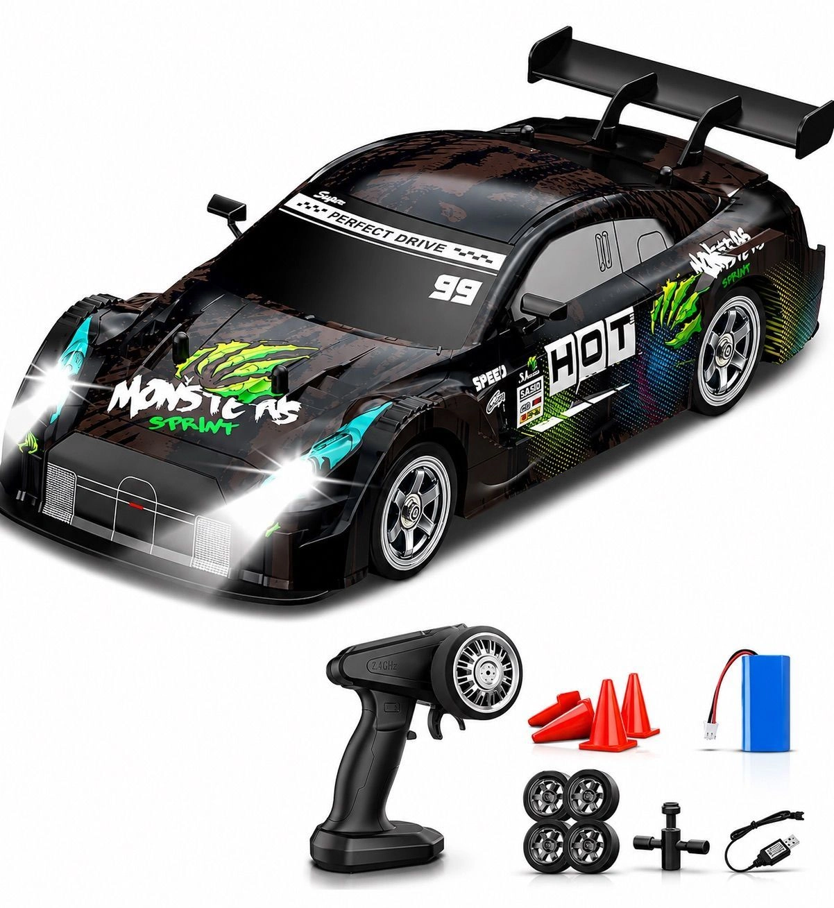 4WD RC Drift Car with Lights – 2.4GHz High-Speed Remote Control Racing Car (30KM/H, Rechargeable, Black Edition)