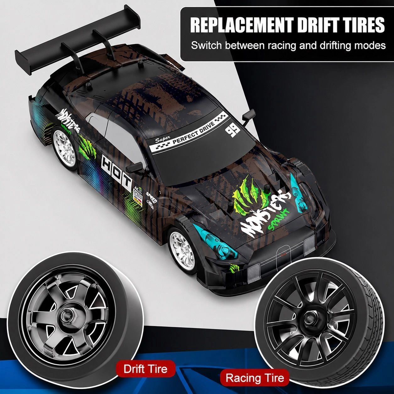 4WD RC Drift Car with Lights – 2.4GHz High-Speed Remote Control Racing Car (30KM/H, Rechargeable, Black Edition)