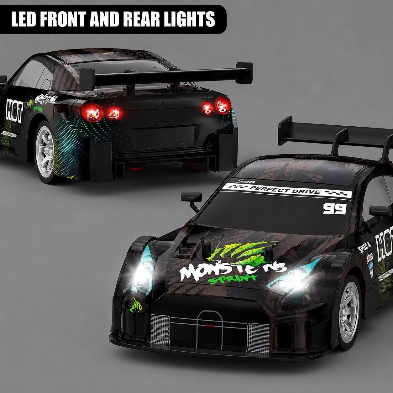 4WD RC Drift Car with Lights – 2.4GHz High-Speed Remote Control Racing Car (30KM/H, Rechargeable, Black Edition)