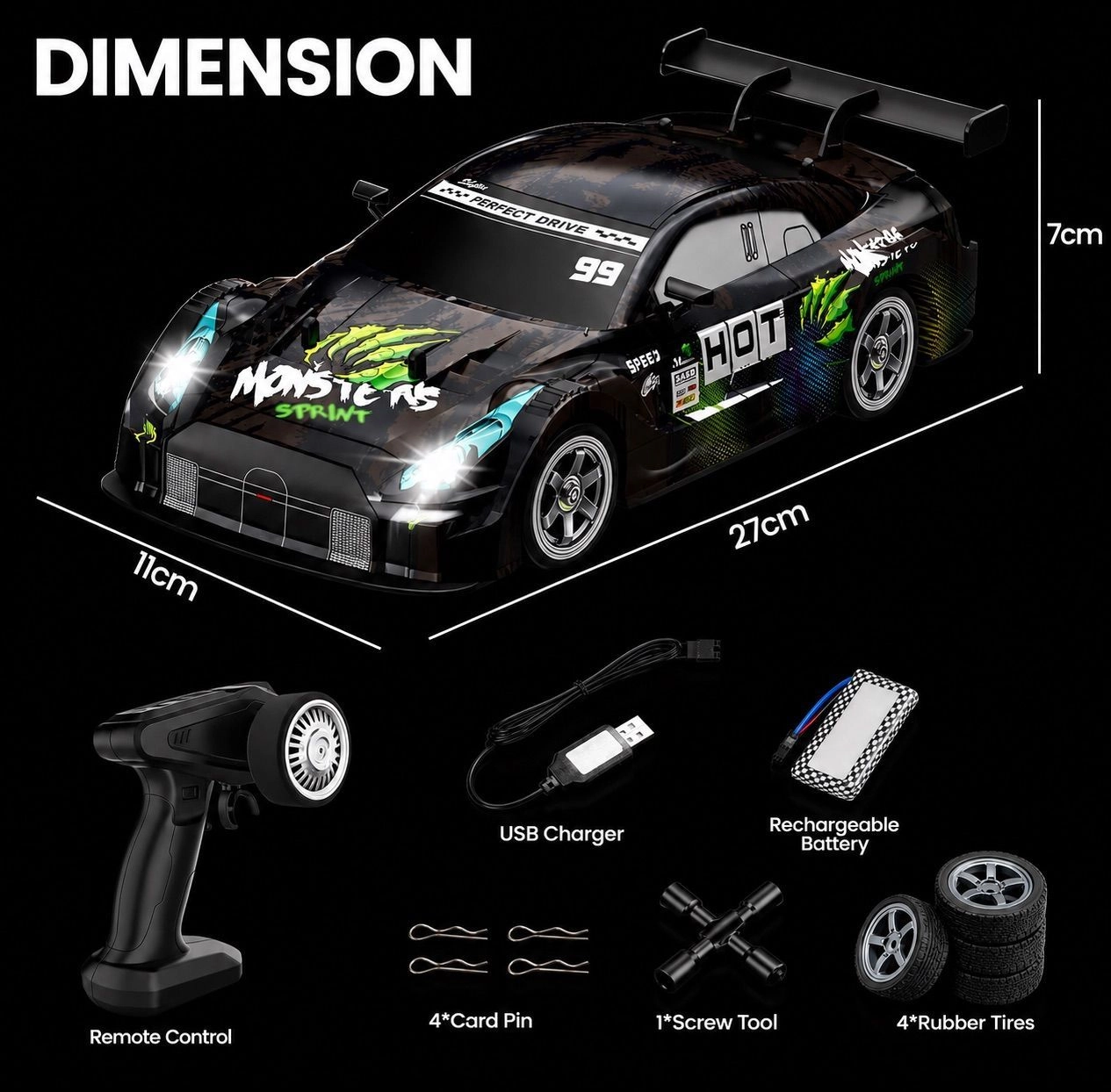 4WD RC Drift Car with Lights – 2.4GHz High-Speed Remote Control Racing Car (30KM/H, Rechargeable, Black Edition)