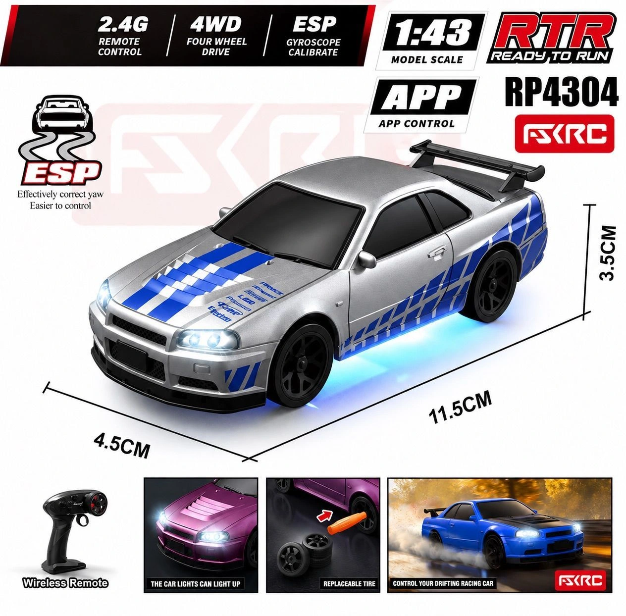 HB Toys Racing Rally 1:43 Nissan Skyline R34 Drift RC Car 1