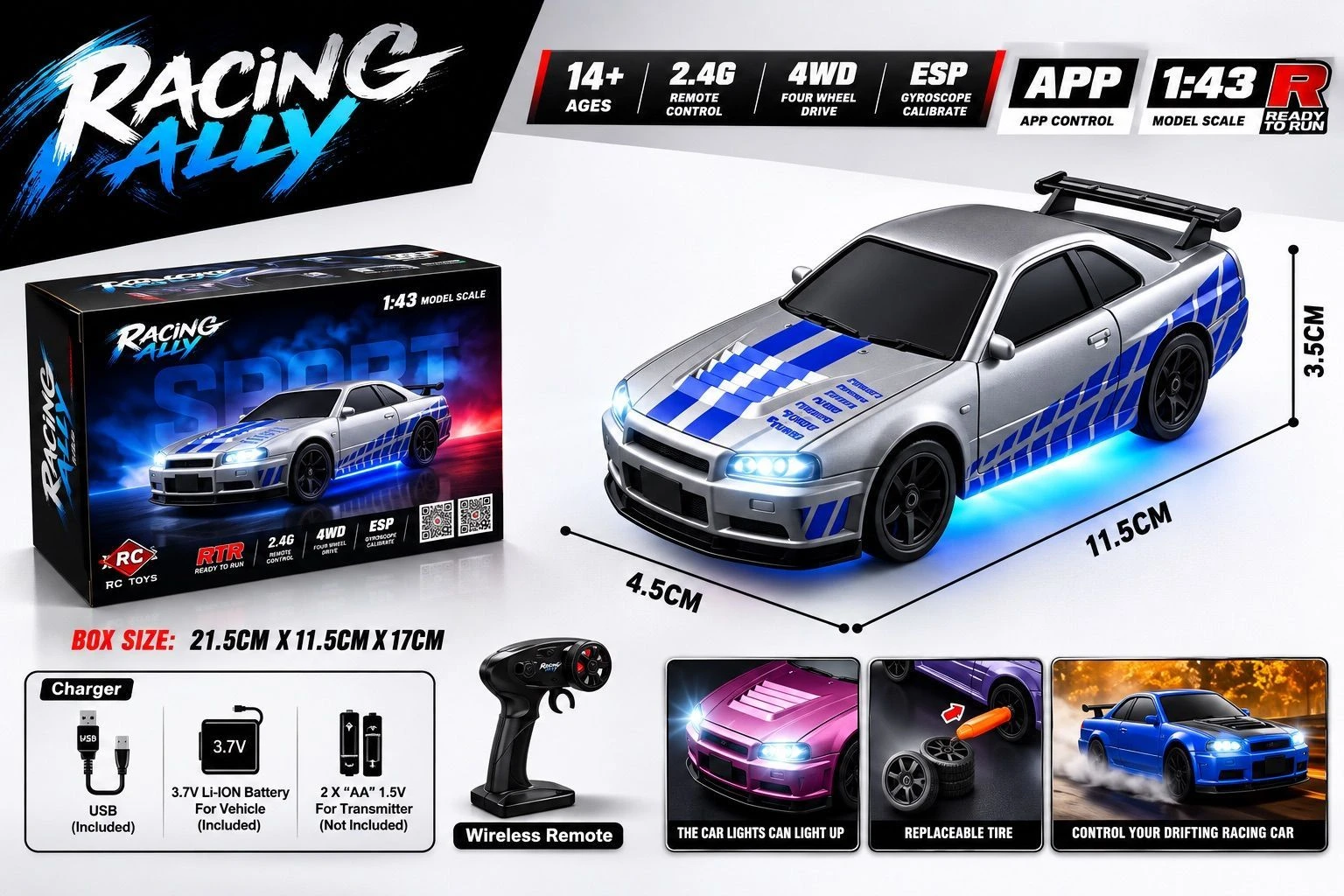 HB Toys Racing Rally 1:43 Nissan Skyline R34 Drift RC Car 3