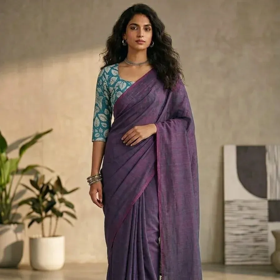 KAADHI COTTON SAREE WITH KALAMKARI BLOUSE