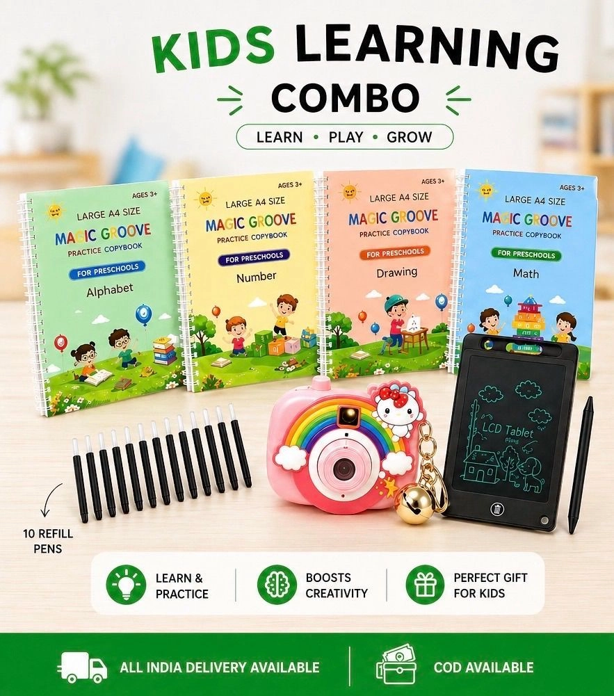 Kids Learning Combo Set – Magic Writing Books + Projector Camera + LCD Writing Tablet