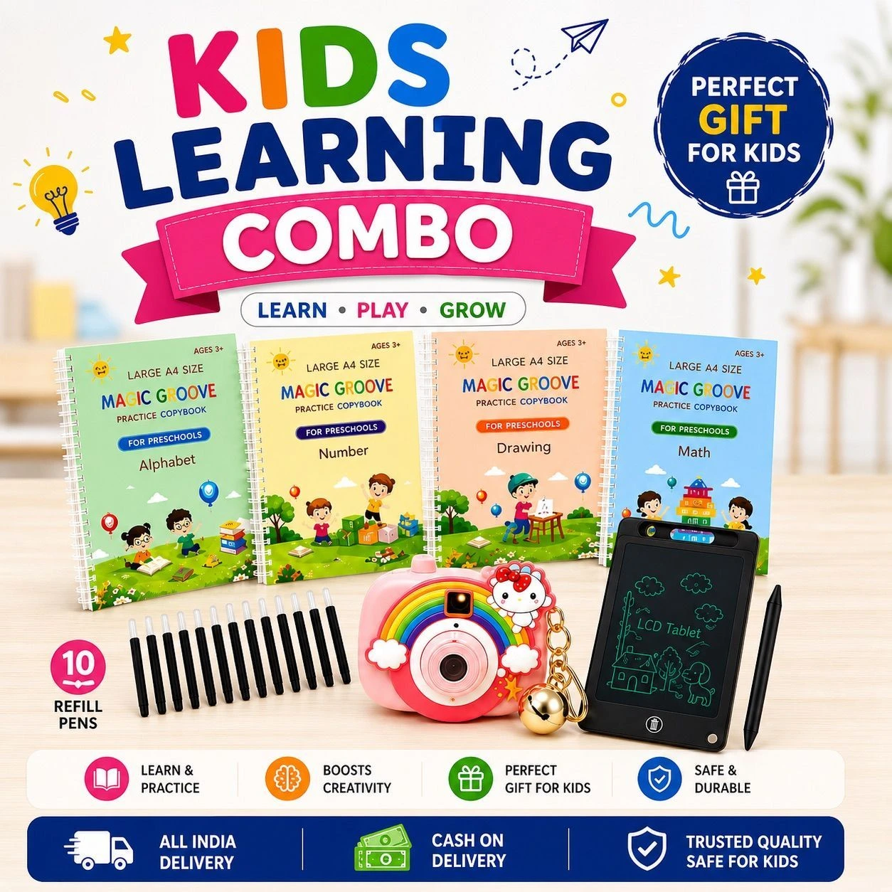Kids Learning Combo Set – Magic Writing Books + Projector Camera + LCD Writing Tablet