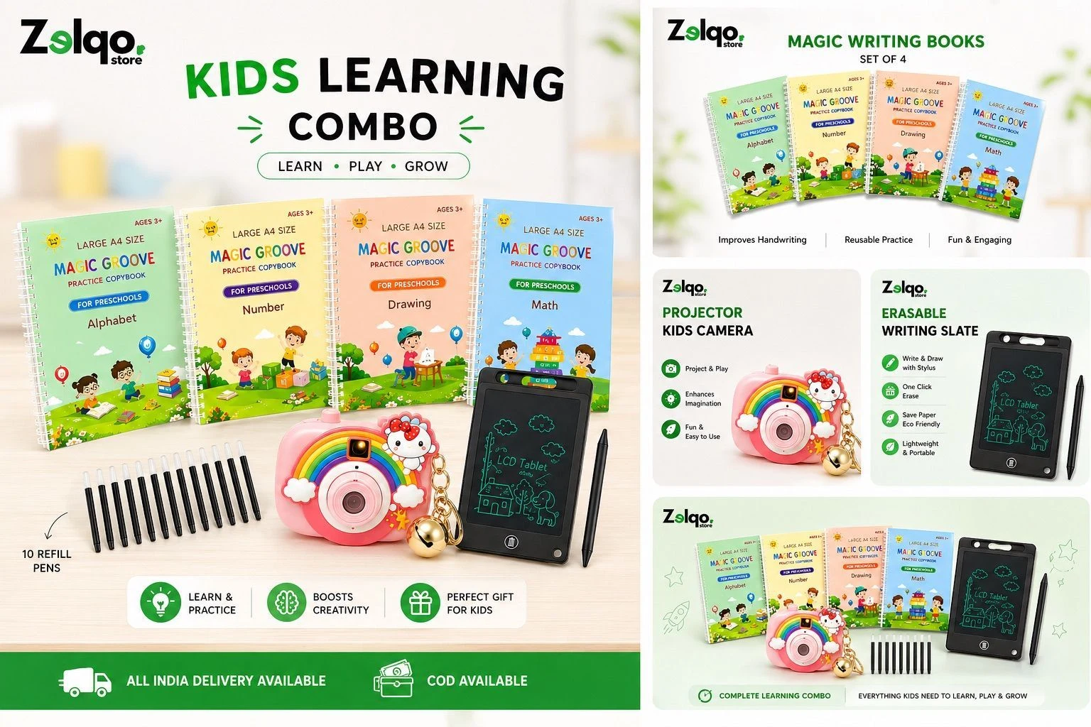 Kids Learning Combo Set – Magic Writing Books + Projector Camera + LCD Writing Tablet