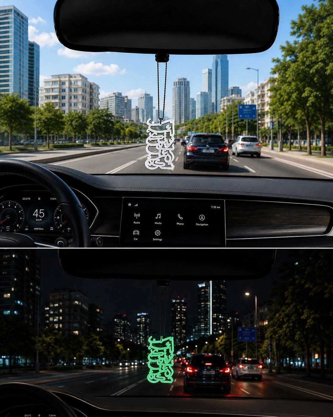 La In Shakartum La Azidannakum Islamic Car Mirror Hanging | PETG 3D Printed Arabic Calligraphy Rear View Mirror Pendant - Fluorescent Green