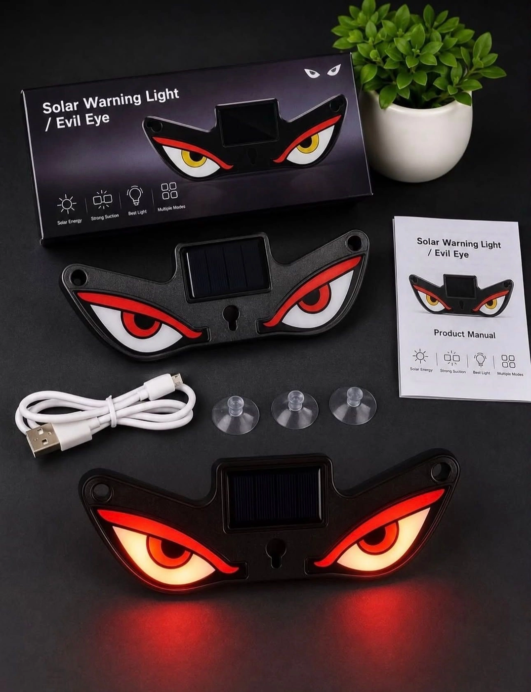 Solar LED Car Ambient Warning Light with Evil Eye Design Smart Sensor, Wireless Connection, Multi-mode Patterns, Universal Attachment, Solar Powered 5