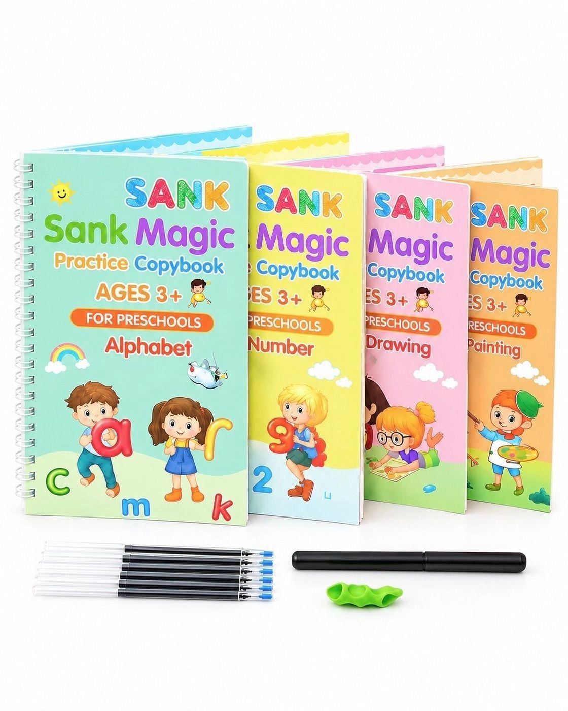 Sank Magic Practice Copybook for Kids | Reusable Writing Workbook for Preschoolers Age 3+ | Alphabet, Numbers, Drawing & Writing Practice Books with Pens & Grip 1