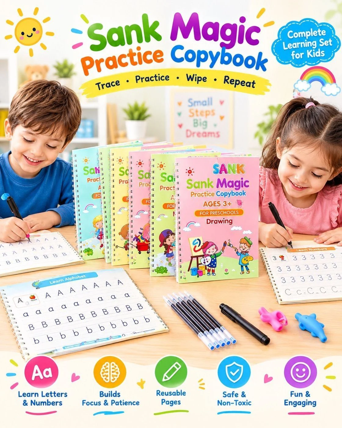 Sank Magic Practice Copybook for Kids | Reusable Writing Workbook for Preschoolers Age 3+ | Alphabet, Numbers, Drawing & Writing Practice Books with Pens & Grip 3