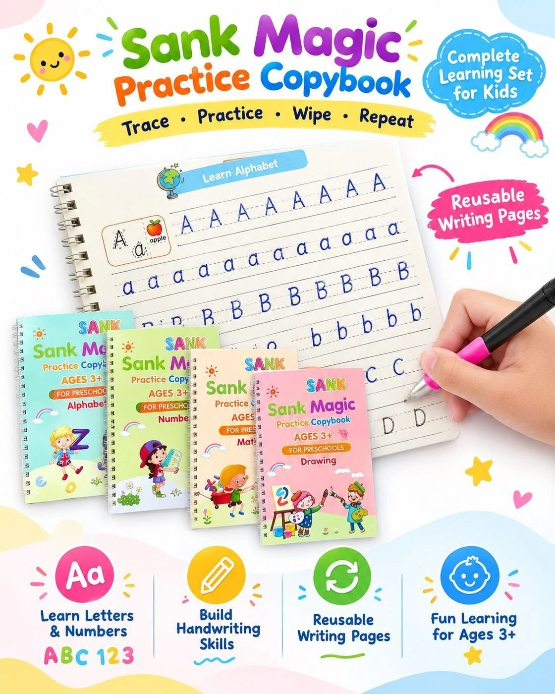 Sank Magic Practice Copybook for Kids | Reusable Writing Workbook for Preschoolers Age 3+ | Alphabet, Numbers, Drawing & Writing Practice Books with Pens & Grip 4