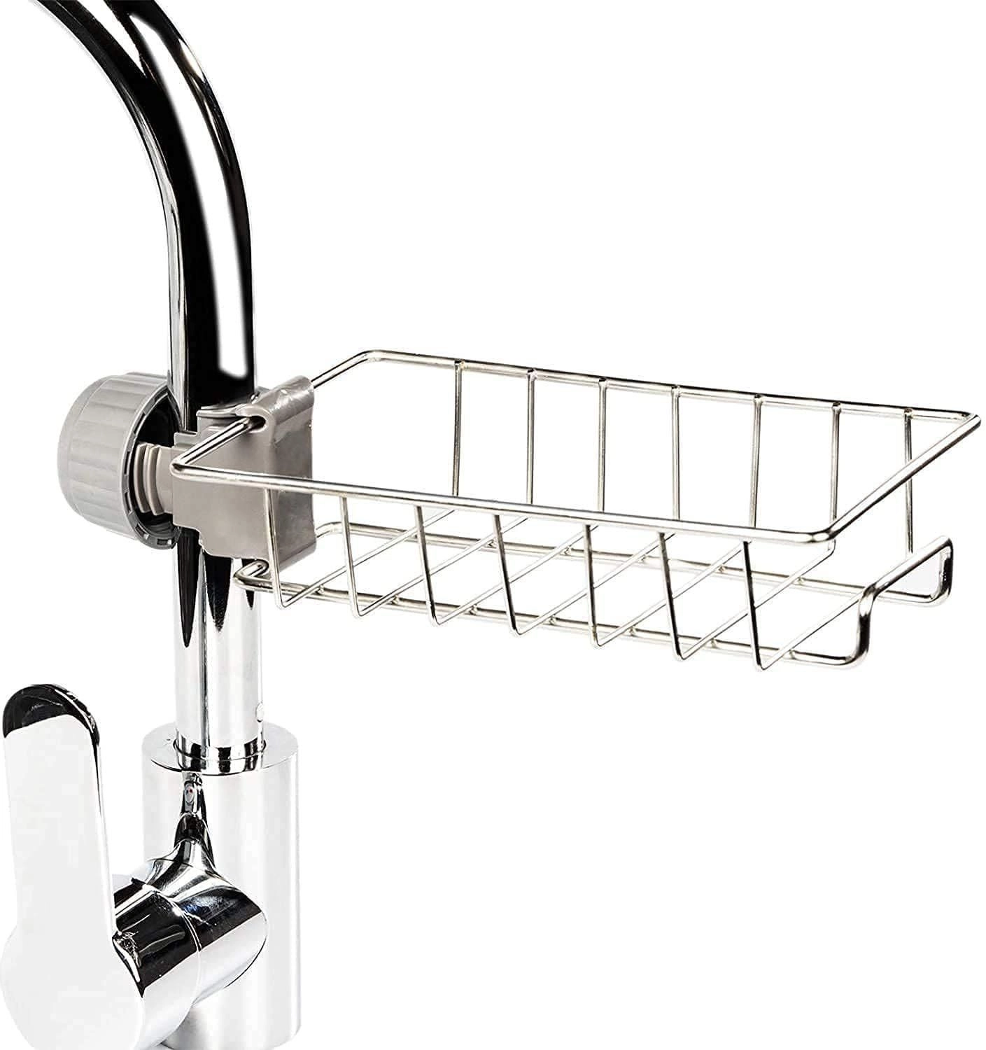 Stainless Steel Sink Faucet Storage Rack | Kitchen Tap Organizer Basket | No-Drill Sponge Holder 1