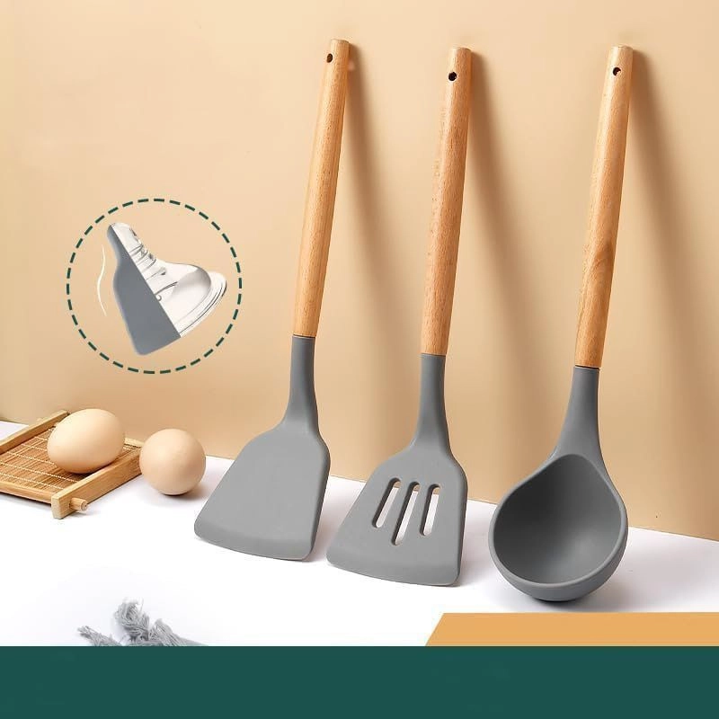 3 Pcs Wooden Silicone Spatula Set - Grey & Black - 3 Pc Silicon Spatula for Kitchen - Non-Stick - Cooking Spatulas with Wooden Handle -  Spatula Turner Serving Cooking Spoon - Spatula Combs for Kitchen Tools Set ( Set of 3 )