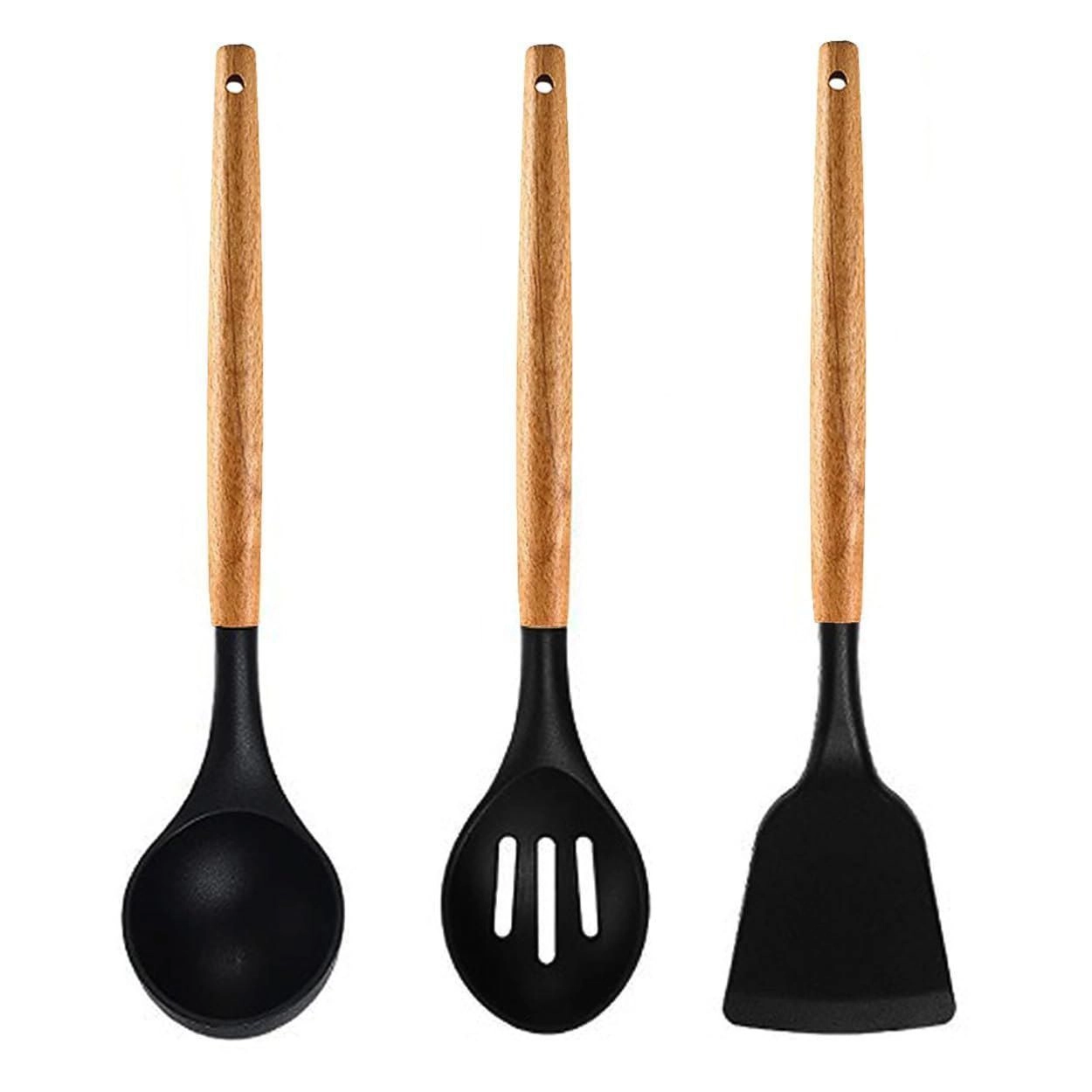 3 Pcs Wooden Silicone Spatula Set - Grey & Black - 3 Pc Silicon Spatula for Kitchen - Non-Stick - Cooking Spatulas with Wooden Handle -  Spatula Turner Serving Cooking Spoon - Spatula Combs for Kitchen Tools Set ( Set of 3 )