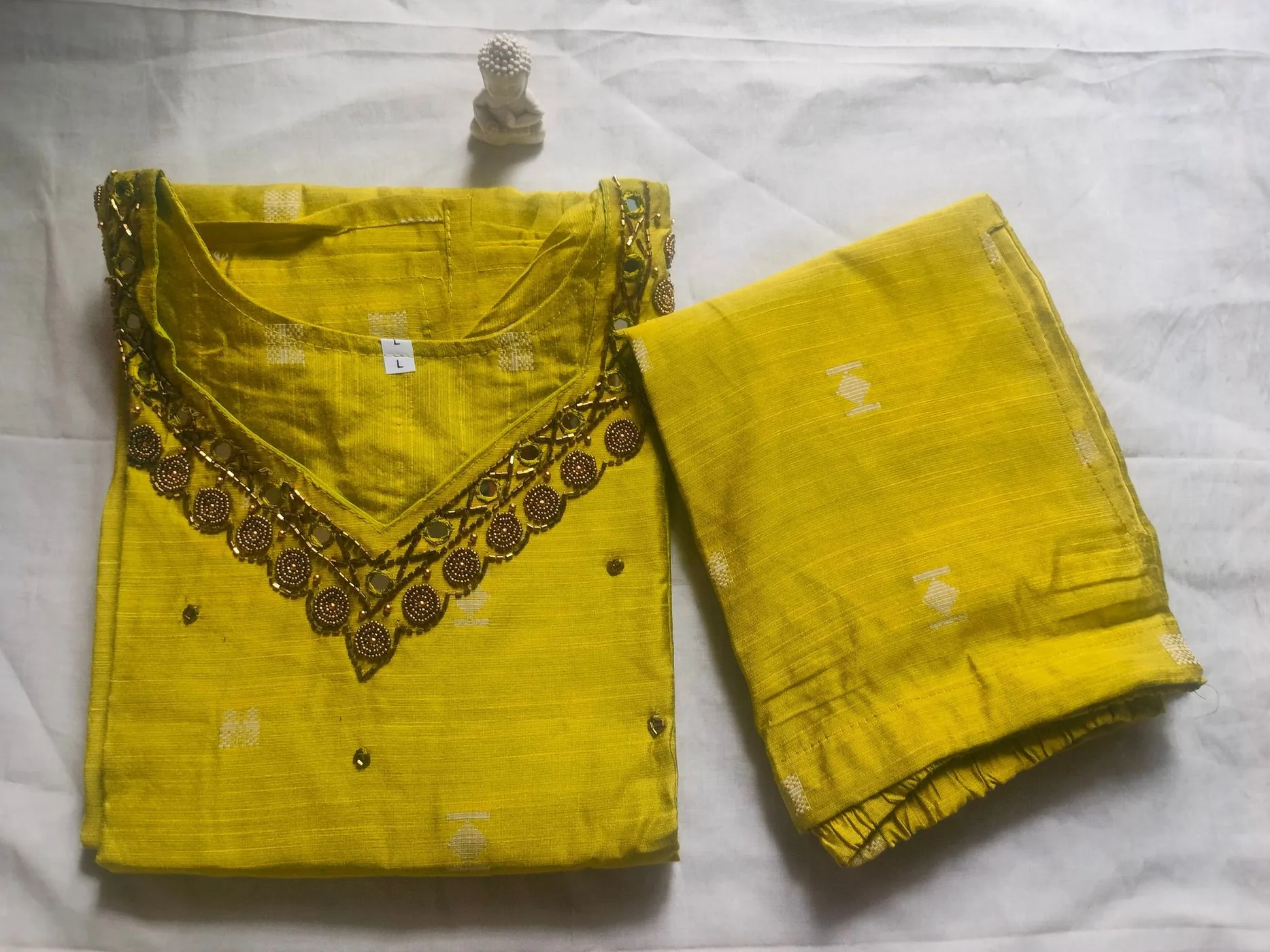 Elegant hand embroidery with Mirror work Slub Cotton Kurti set 1