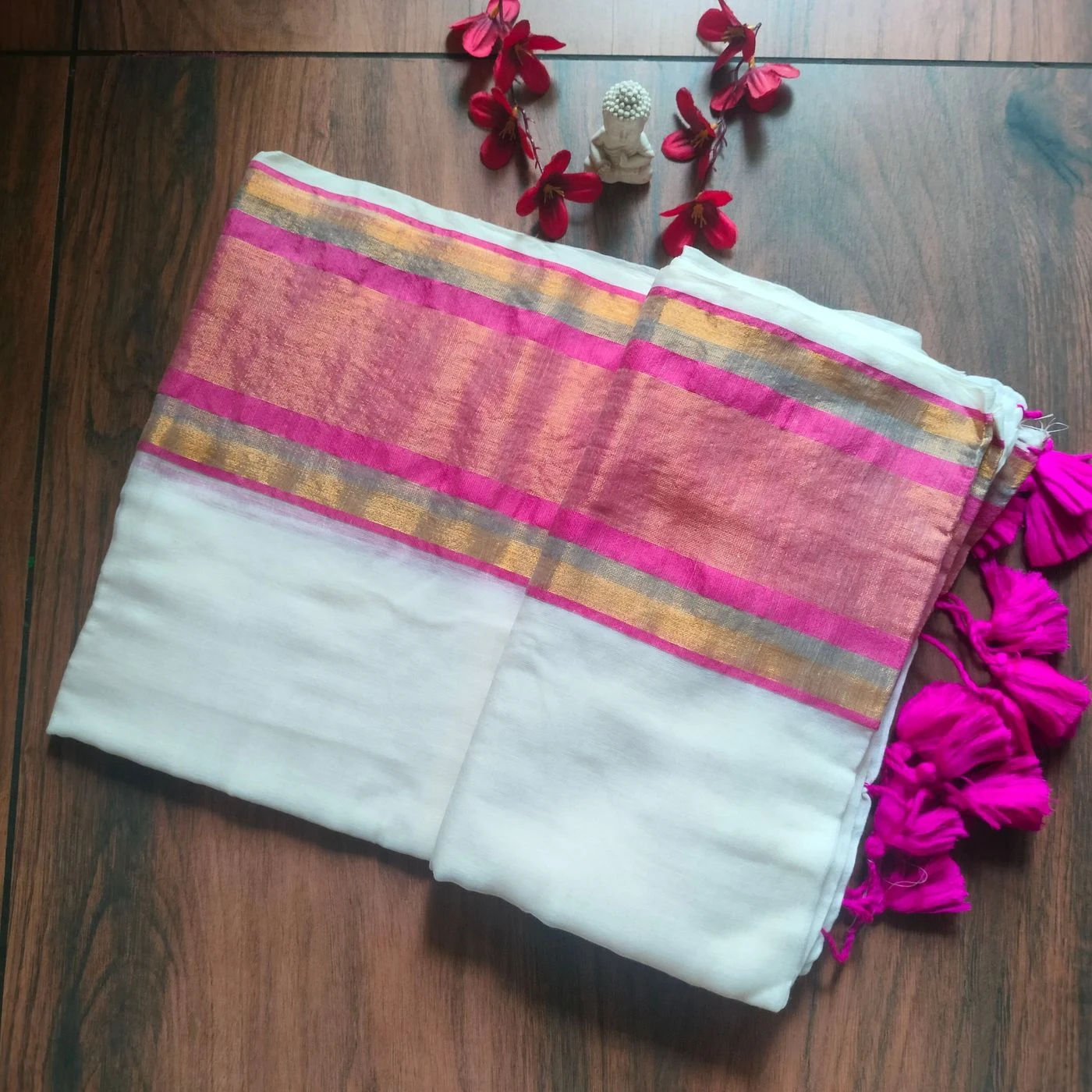 Pink Border Mul Cotton Saree with running blouse 3
