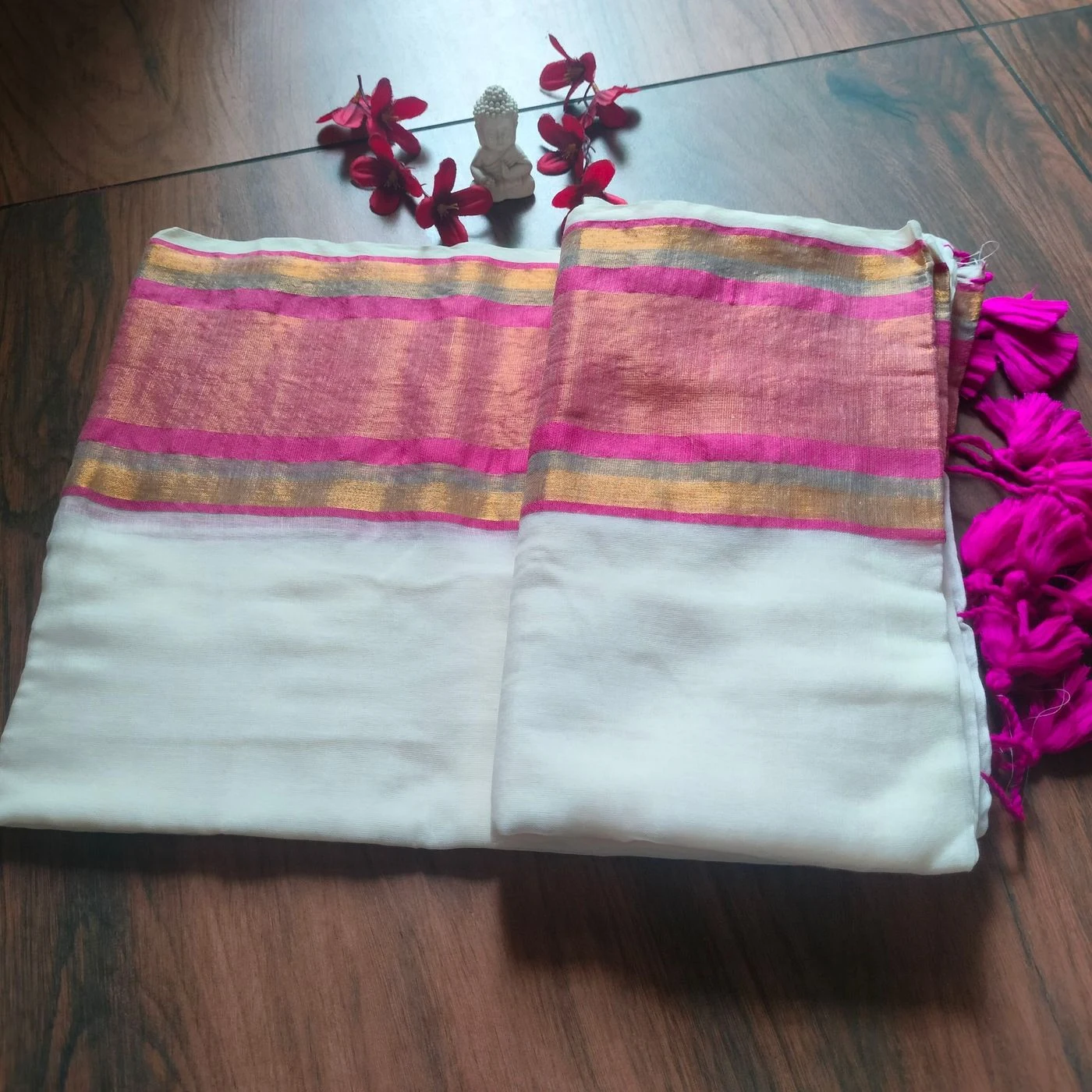 Pink Border Mul Cotton Saree with running blouse 4