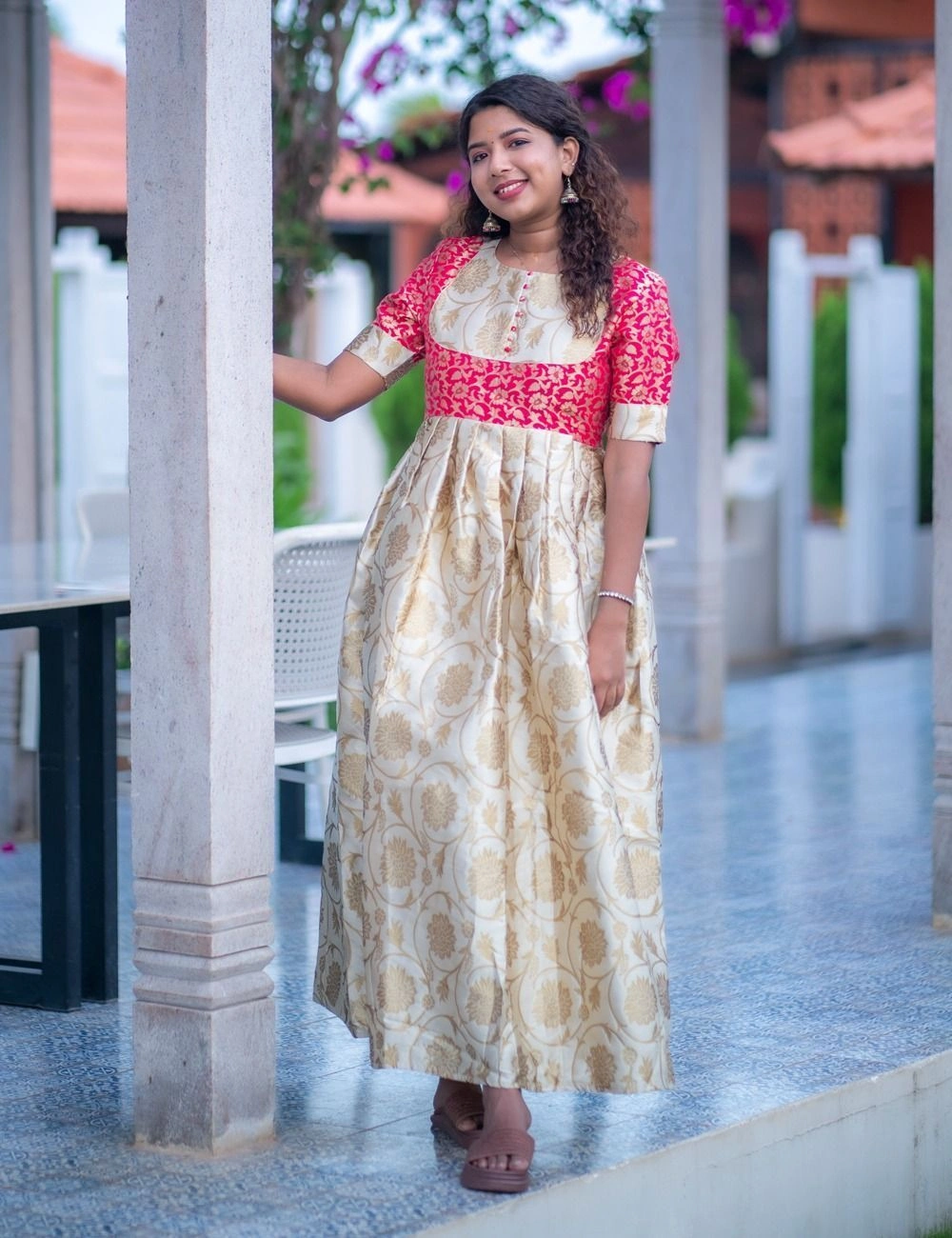 Pink & Off White Banarasi Party Gown