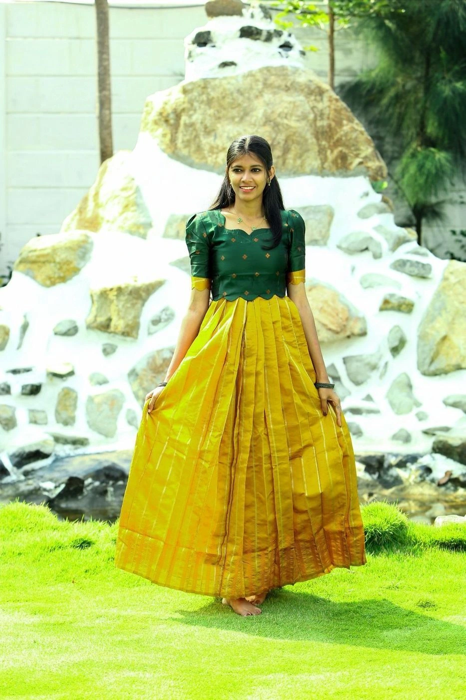 Traditional Skirt and Blouse- Green and Mustard Yellow