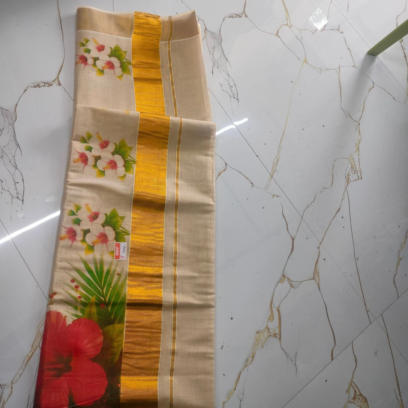 Tissue Kasavu Saree with chembaruthi digital print 1