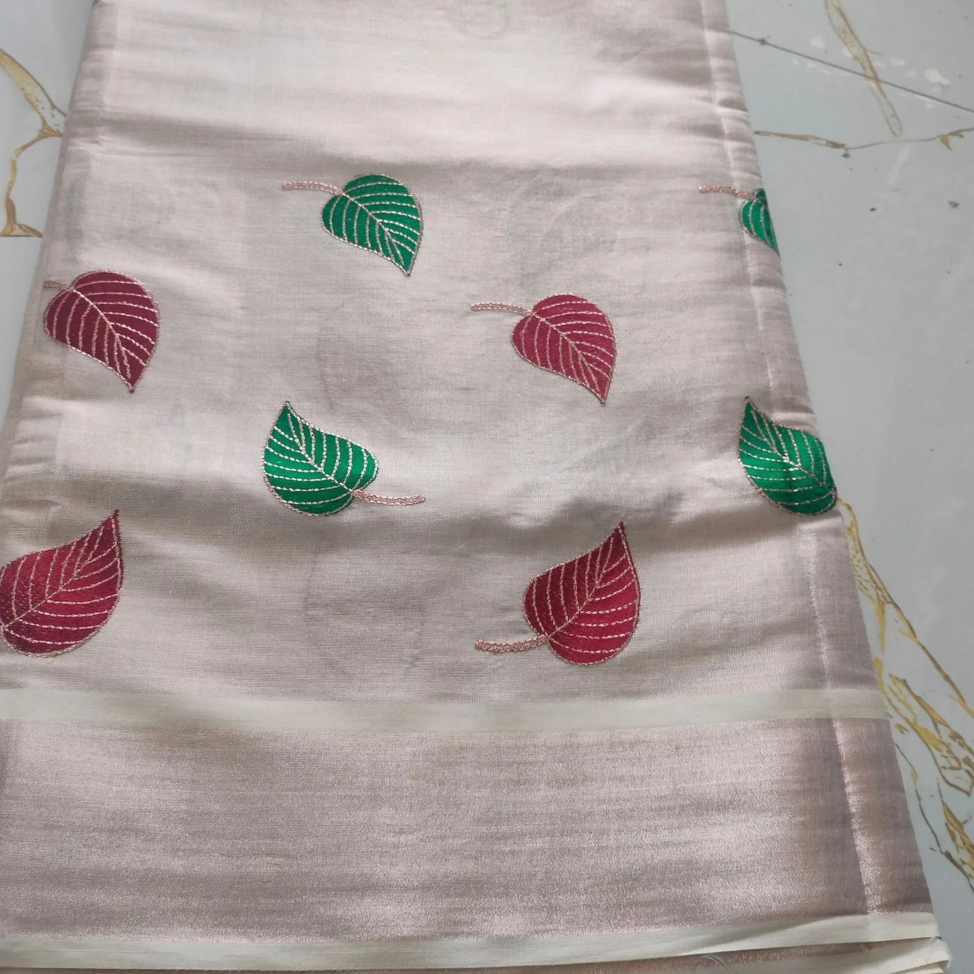 Elegant Leaf Embroidery Tissue Saree 4