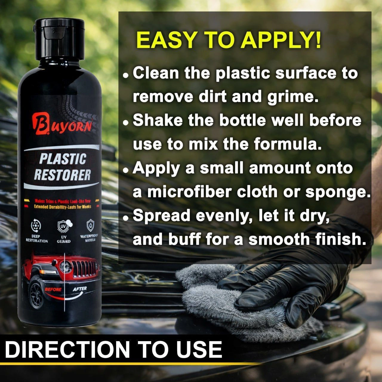 Black Trim & Plastic Restorer 200ml for Car, Bike & Scooter | Restores Faded Bumpers, Door Cladding & Exterior Plastic | Deep Black Shine with UV & Water Protection