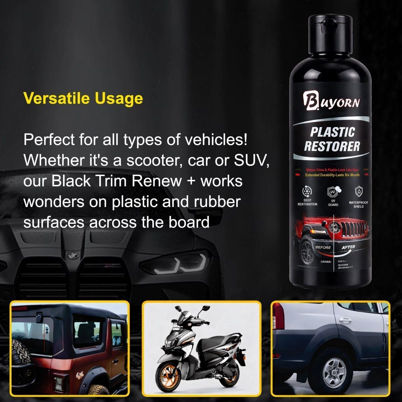 Black Trim & Plastic Restorer 200ml for Car, Bike & Scooter | Restores Faded Bumpers, Door Cladding & Exterior Plastic | Deep Black Shine with UV & Water Protection