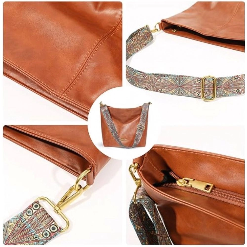 Women's PU Leather Medium Sling bag Zipper Handbag (Brown) 2
