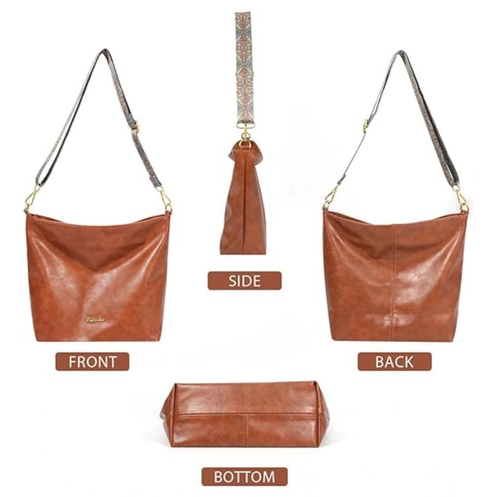 Women's PU Leather Medium Sling bag Zipper Handbag (Brown) 4