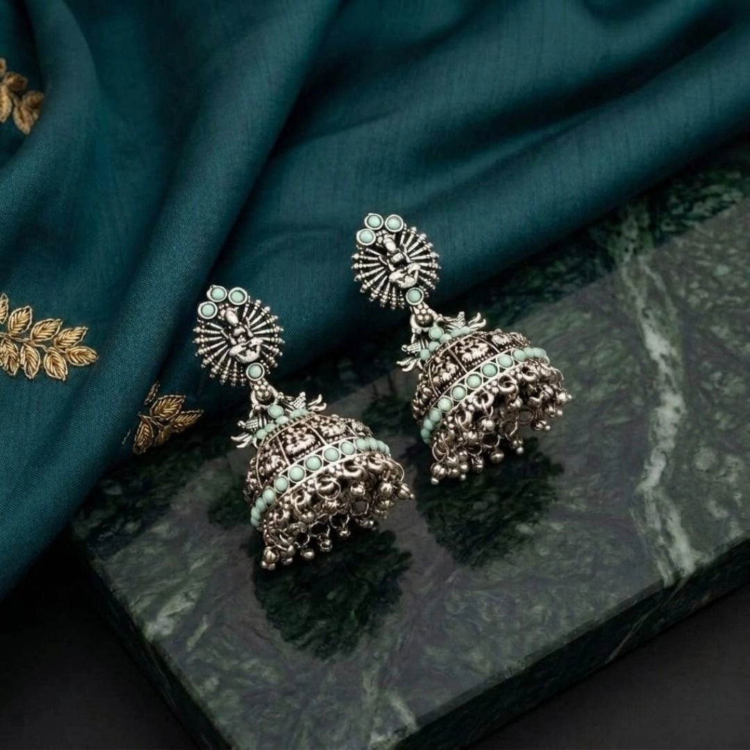 Mint Stone Oxidized Peacock Jhumka Earrings