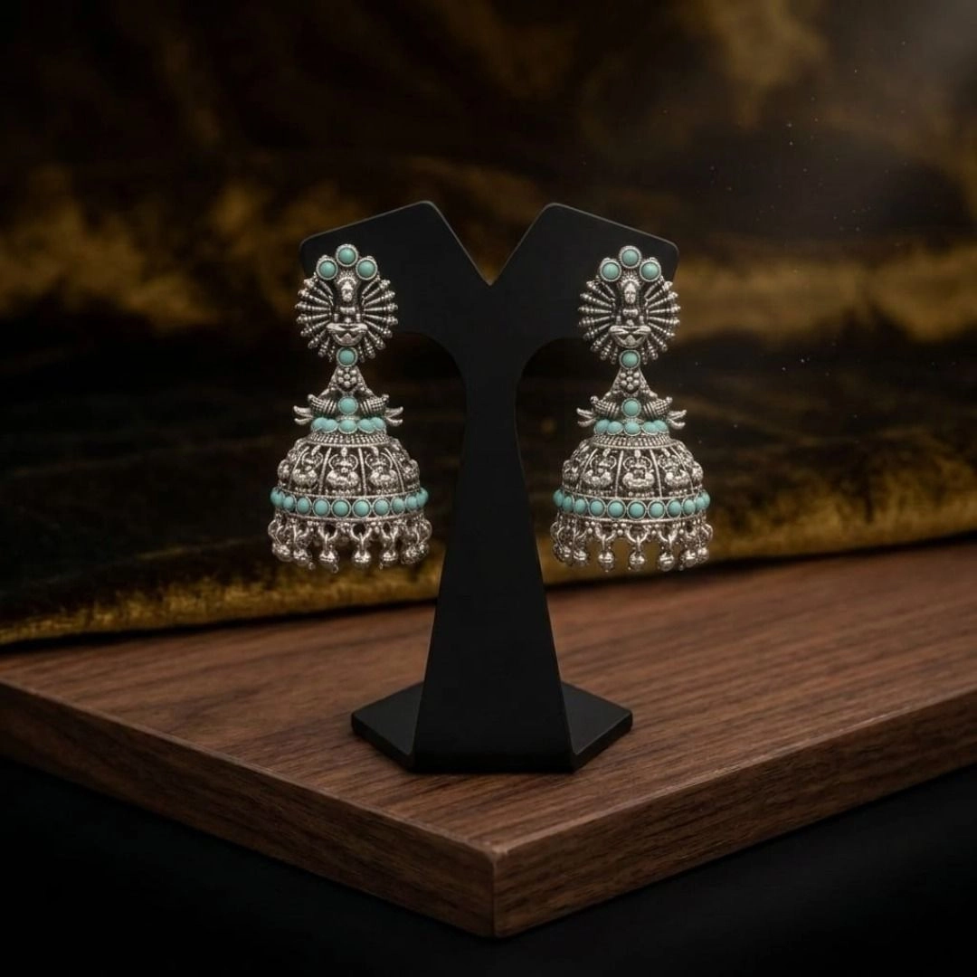 Mint Stone Oxidized Peacock Jhumka Earrings