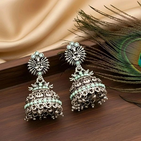 Mint Stone Oxidized Peacock Jhumka Earrings