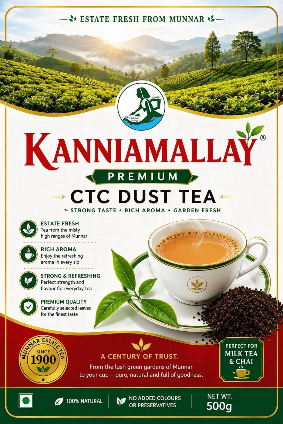 Kanniamallay Premium CTC Dust Tea Powder – Estate Fresh Munnar Tea (500g)