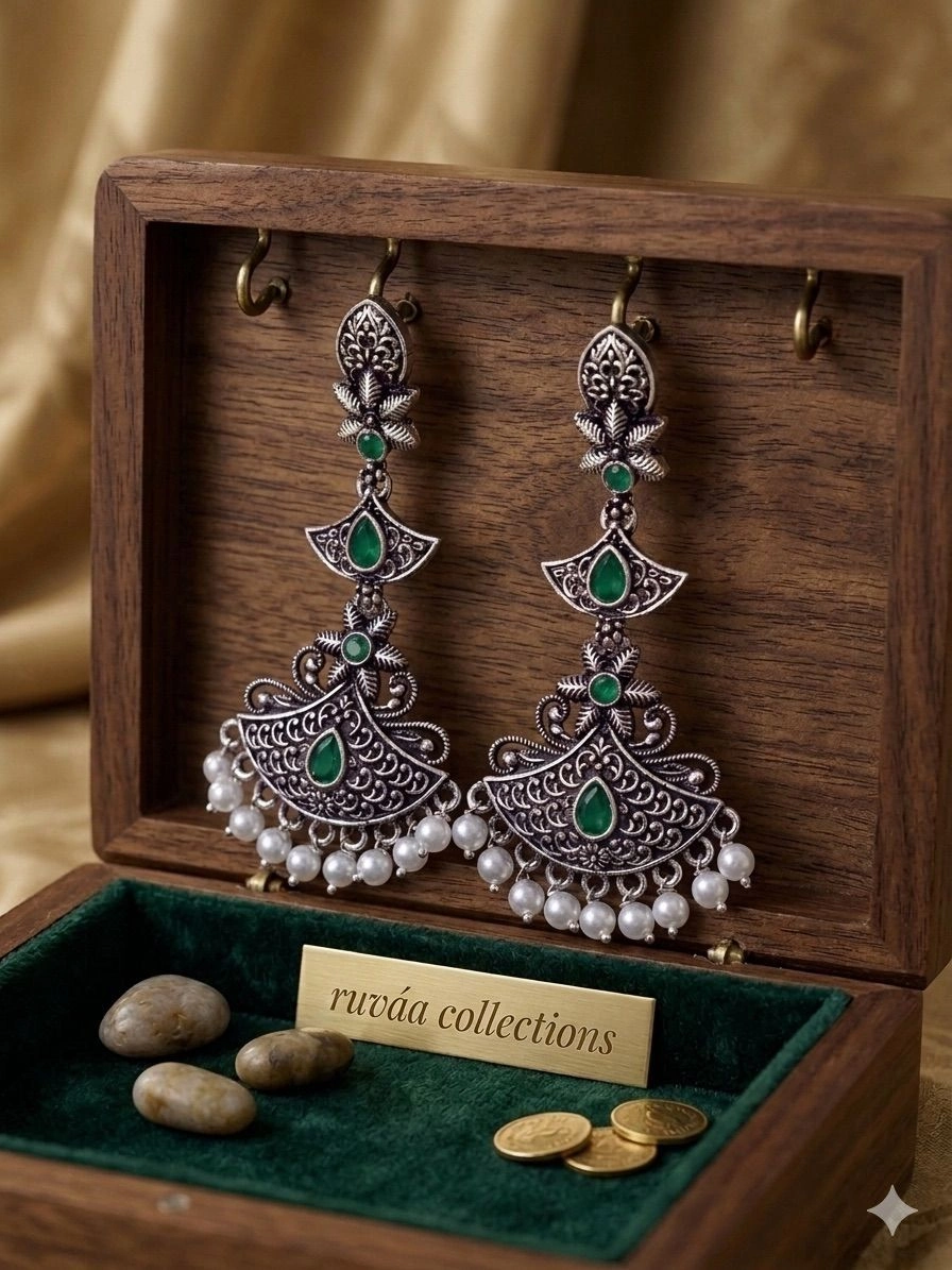 Oxidised green stone Chandbali earrings