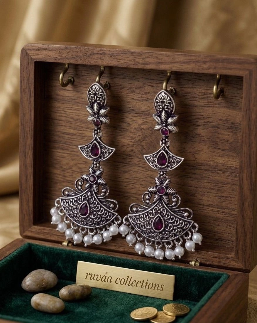 Oxidised wine red stone Chandbali earrings