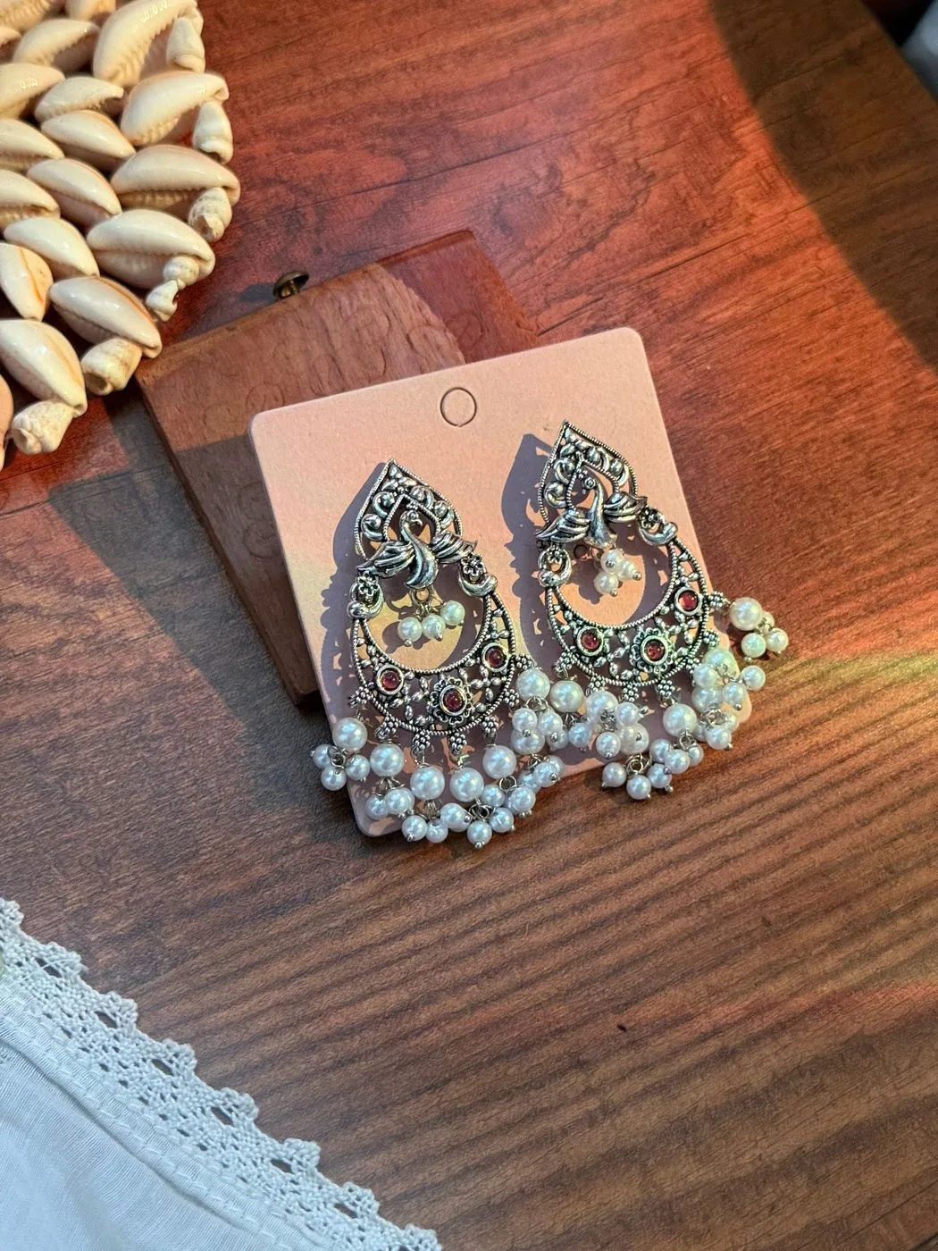 Peacock silver tone Chandbali earrings 1
