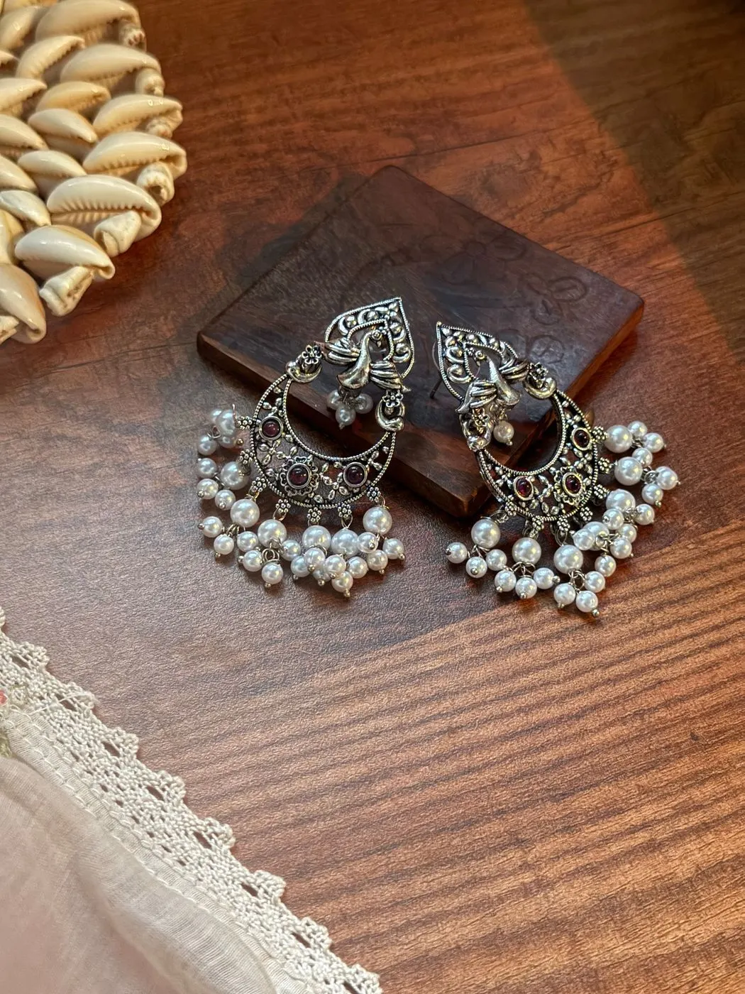 Peacock silver tone Chandbali earrings 3