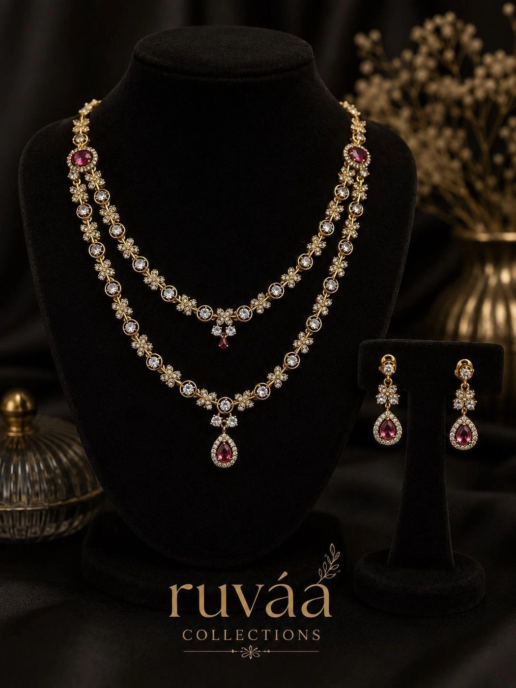 Double layer AD stone necklace with earrings