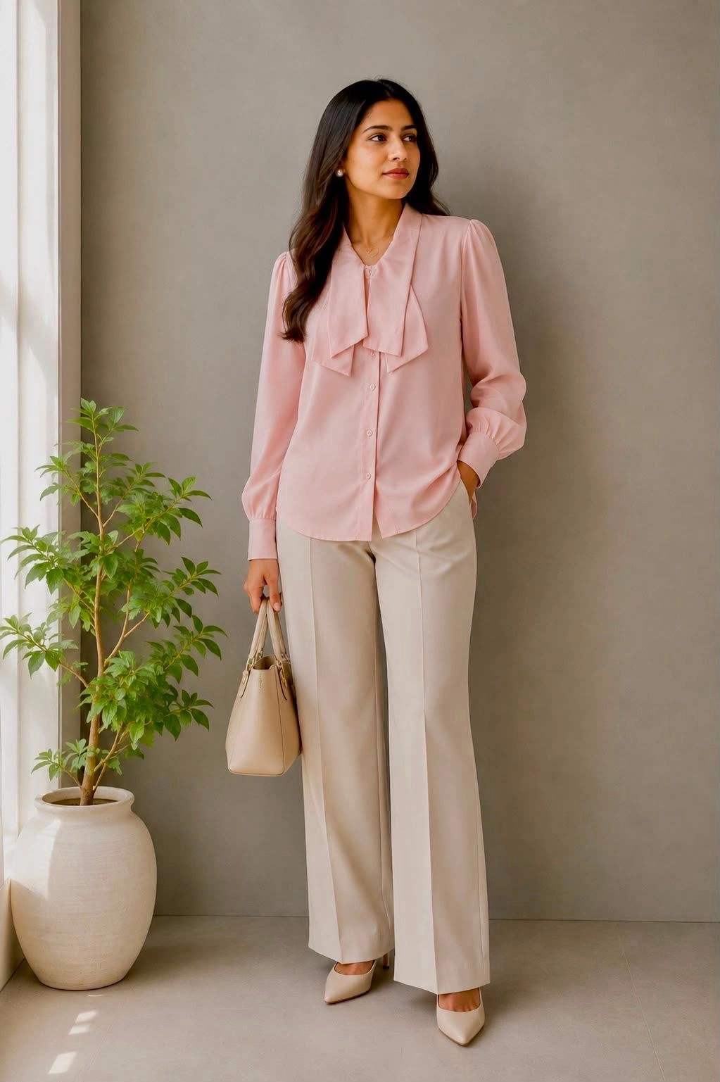 Blush Pink Bow-Tie Satin Blouse 🌸