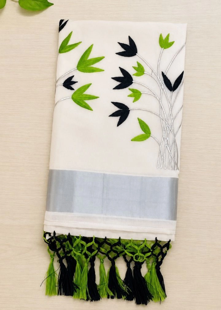 Kerala embroidery silver set saree