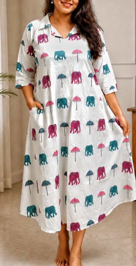 Red print Aline cotton long kurtis