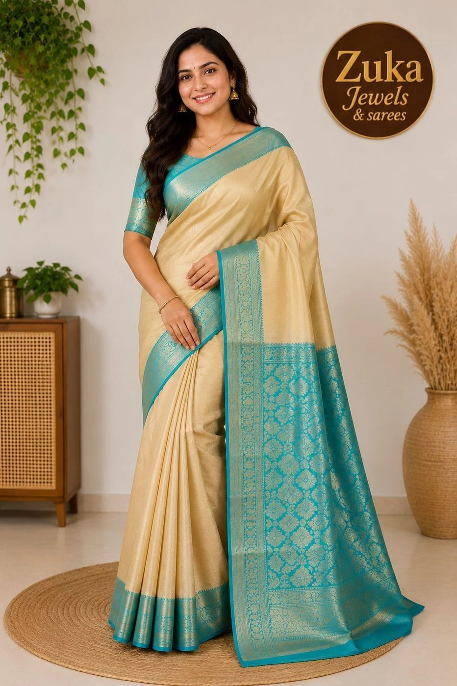 turquoise blue. Border Saree