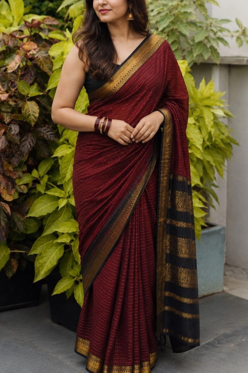 Checked kalyani black and red cotton saree