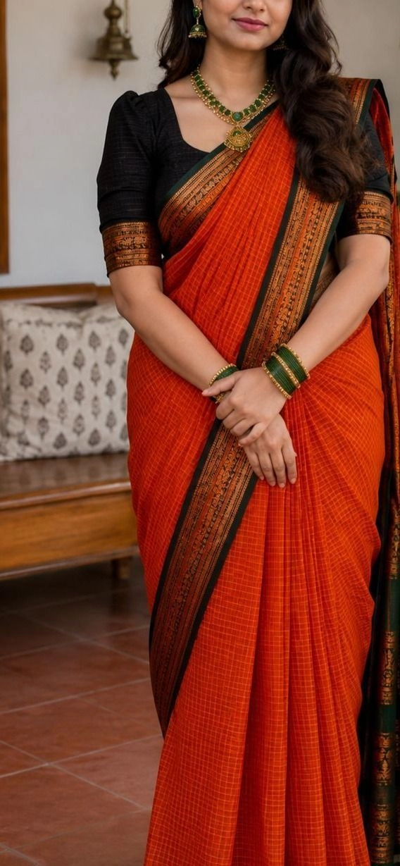Checked kalyani black and rust orange