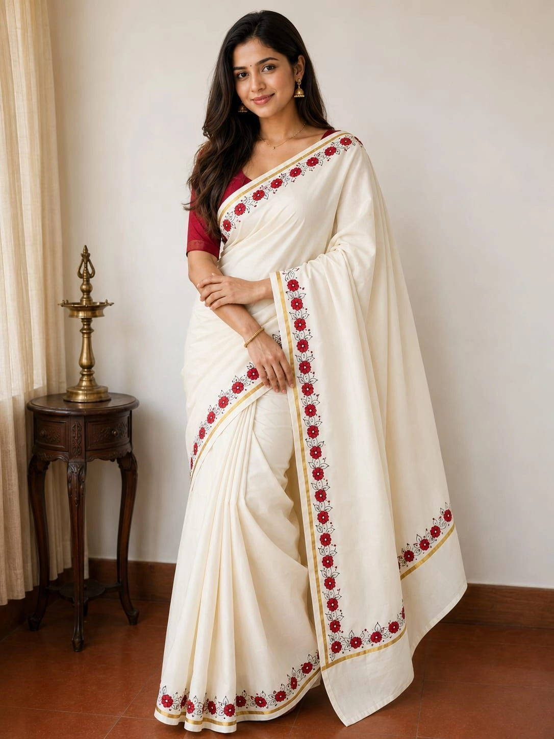Kerela saree maroon flower print