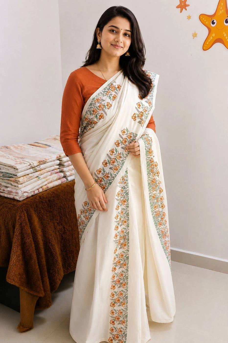 Set mundu printed rust orange