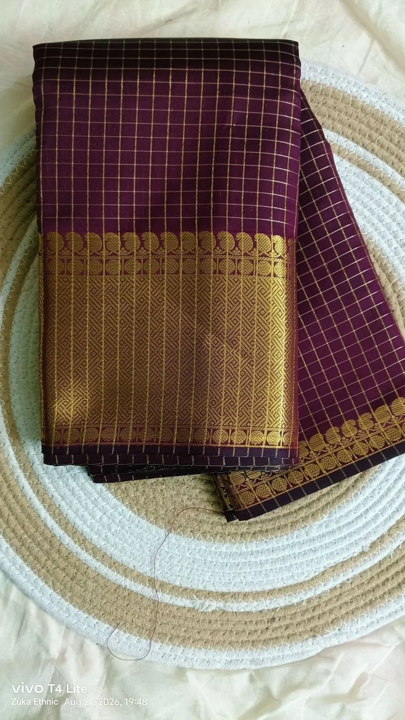 Checked Banarasi soft  silk saree coffee brown